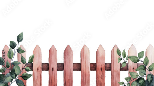 Wooden fence with green leaves, white isolate background. photo