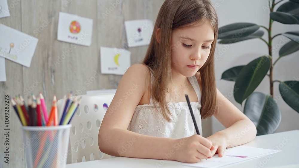 Young girl concentrating on drawing at the desk at home or school class room Young girl concentrating on drawing at the desk at home or school class room