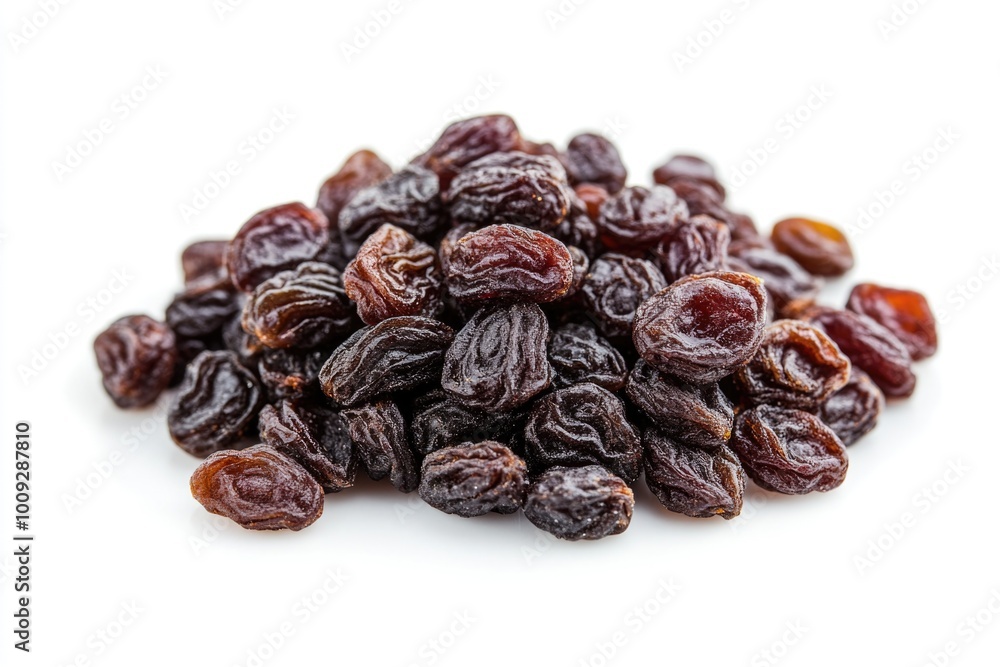 A pile of raisins arranged neatly on a white background A pile of raisins arranged neatly on a white background