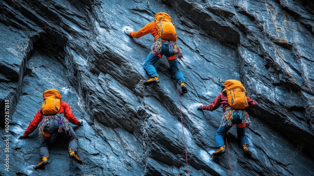 Group of Climbers on Challenging Cliffside Adventure Group of Climbers on Challenging Cliffside Adventure