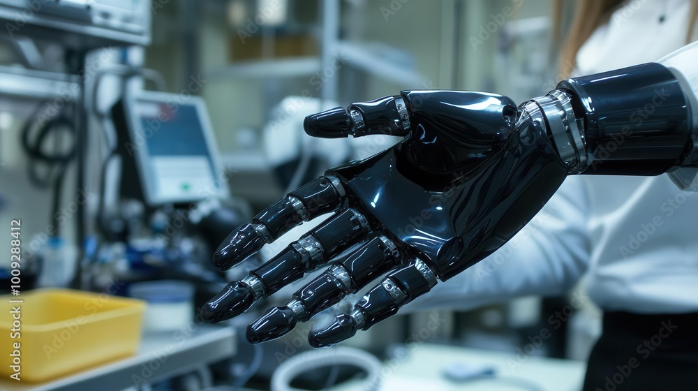 Naklejka premium A close-up of a robotic hand in a laboratory setting, showcasing advanced technology.