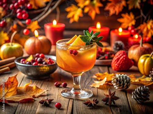 Festive Thanksgiving Cocktail with Autumn Garnishes in a Cozy Setting Perfect for Celebrations