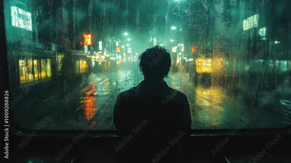 A figure sitting alone in a distant train car gazing out the window at softly lit streets below muted tones creating a serene scene A figure sitting alone in a distant train car gazing out the window at softly lit streets below muted tones creating a serene scene