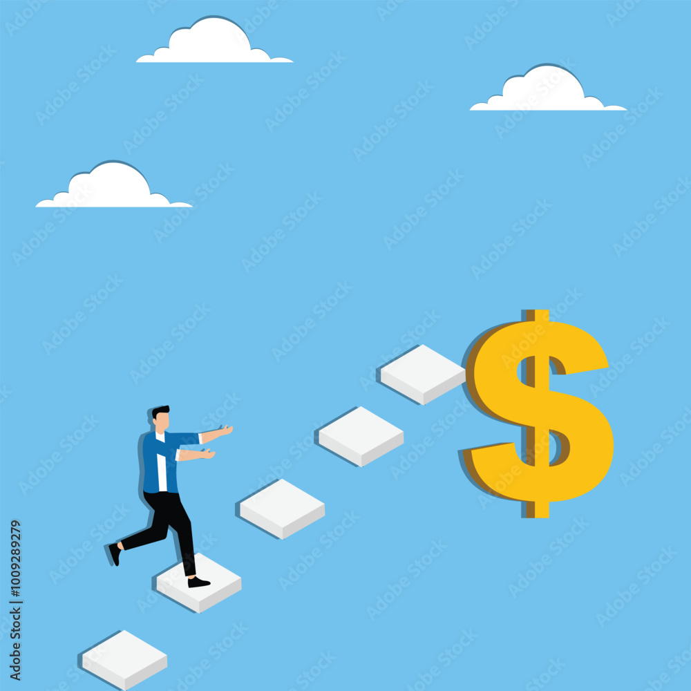 Businessman climbing to top ladder of money dollar sign in flat design