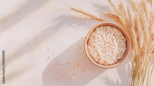 Copy space image of a bowl filled with dry oatmeal adorned with ears of wheat resting on a light background This visually captures the concept of cooking oats porridge in a compelling flat lay compos photo