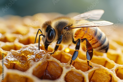 A close-up of a honeybee extracting honey from the cells of a honeycomb, showcasing the intricate natural beauty of the bee and the golden texture of the honeycomb. A vivid portrayal of nature's