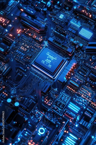 A detailed view of a computer motherboard's components and circuits