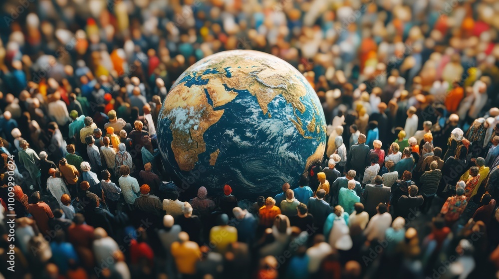 Obraz premium Digital illustration representing a diverse global population focused around an earth globe