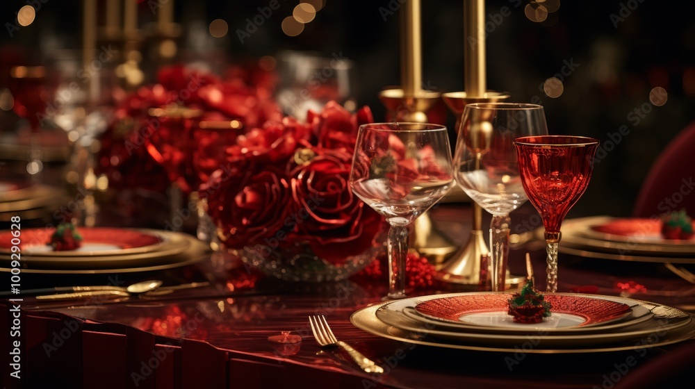 Elegant new year s table setting with dishes, candles, and festive decorations for celebration Elegant new year s table setting with dishes, candles, and festive decorations for celebration