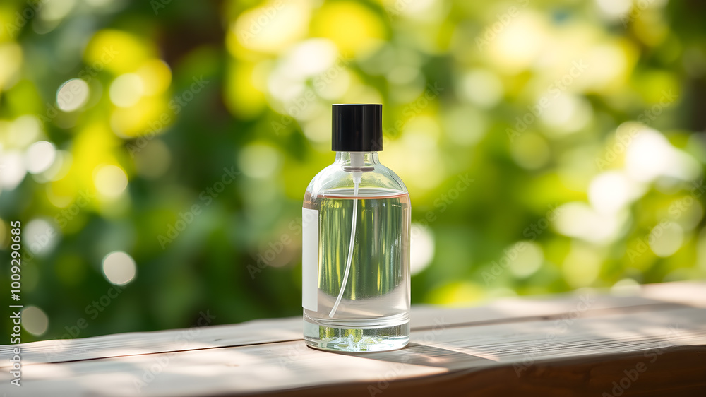 Perfume bottle on a wooden table against green bokeh background Perfume bottle on a wooden table against green bokeh background