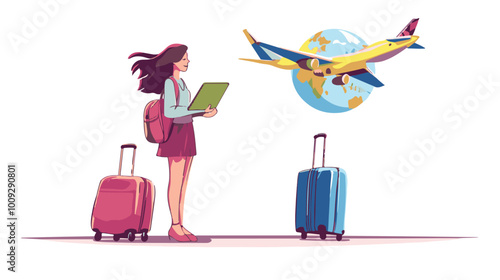 Travel agent woman. Young girl with globe and airplane, luggage. Assistant and consultant give advice for travelers and tourists. Cartoon flat vector illustration isolated on white background with sil