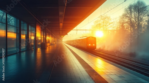 Wallpaper Mural A train departing from a quiet station wide-angle perspective revealing the full platform and the surrounding muted cityscape conveying a sense of calm  Torontodigital.ca