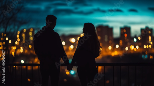 Wallpaper Mural couple holding hands in silhouette against city skyline at dusk, with vibrant lights creating romantic atmosphere. scene captures moment of connection and intimacy Torontodigital.ca