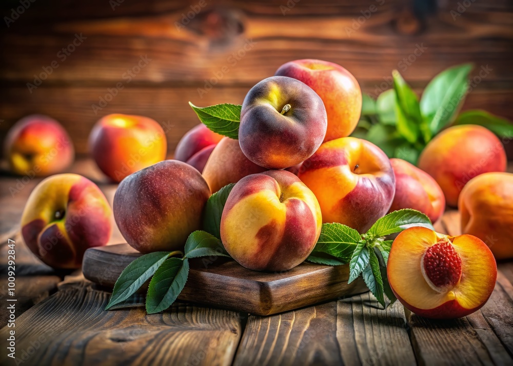 Fresh and Juicy Peaches Displayed on a Wooden Table with Natural Light and Soft Shadows Background Fresh and Juicy Peaches Displayed on a Wooden Table with Natural Light and Soft Shadows Background