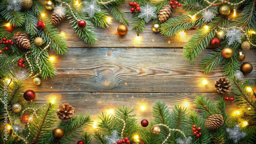 A festive Christmas background with pine branches, golden stars, red and gold ornaments, and pinecones arranged in a frame on a light gray surface. Ideal for holiday cards, designs, or seasonal projec A festive Christmas background with pine branches, golden stars, red and gold ornaments, and pinecones arranged in a frame on a light gray surface. Ideal for holiday cards, designs, or seasonal projec