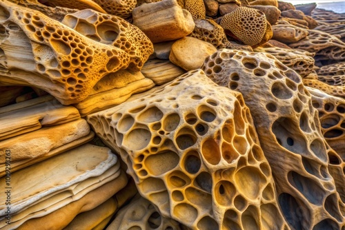 Close-up of eroded sandstone rocks with honeycomb texture and natural beauty