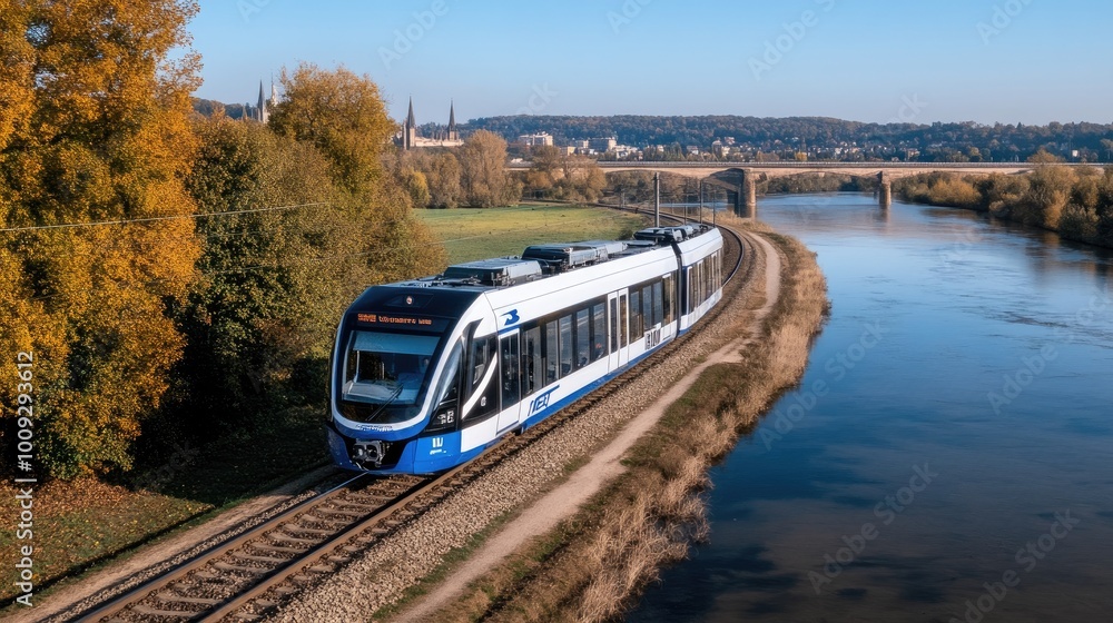 Naklejka premium A high-speed train travels along the railway, showcasing a modern passenger car against a backdrop of lush greenery, a lake, mountains, and a beautiful autumn sunrise