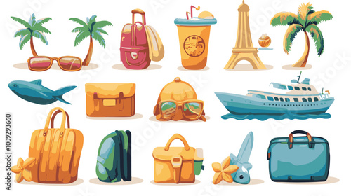 Travel agent woman. Young girl with globe and airplane, luggage. Assistant and consultant give advice for travelers and tourists. Cartoon flat vector illustration isolated on white background with sil