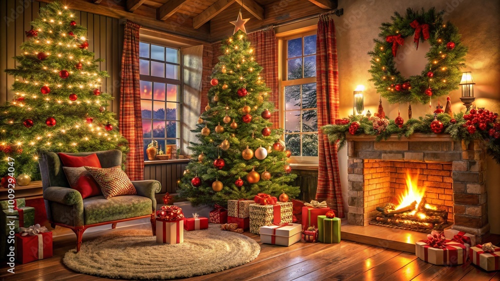 A cozy living room decorated for Christmas, featuring a beautifully lit tree, a wreath above a roaring fireplace, and presents under the tree. Snowy mountains are visible through the large window at s A cozy living room decorated for Christmas, featuring a beautifully lit tree, a wreath above a roaring fireplace, and presents under the tree. Snowy mountains are visible through the large window at s