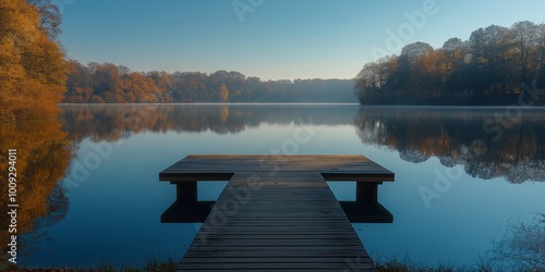 Fototapeta Naklejka Na Ścianę i Meble -  A wooden dock extending over a calm lake at sunrise, capturing the peacefulness and natural beauty of a quiet morning by the water, Generative AI