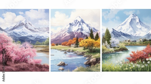 Mountain landscapes through the seasons  from spring blooms to winter snowy peaks