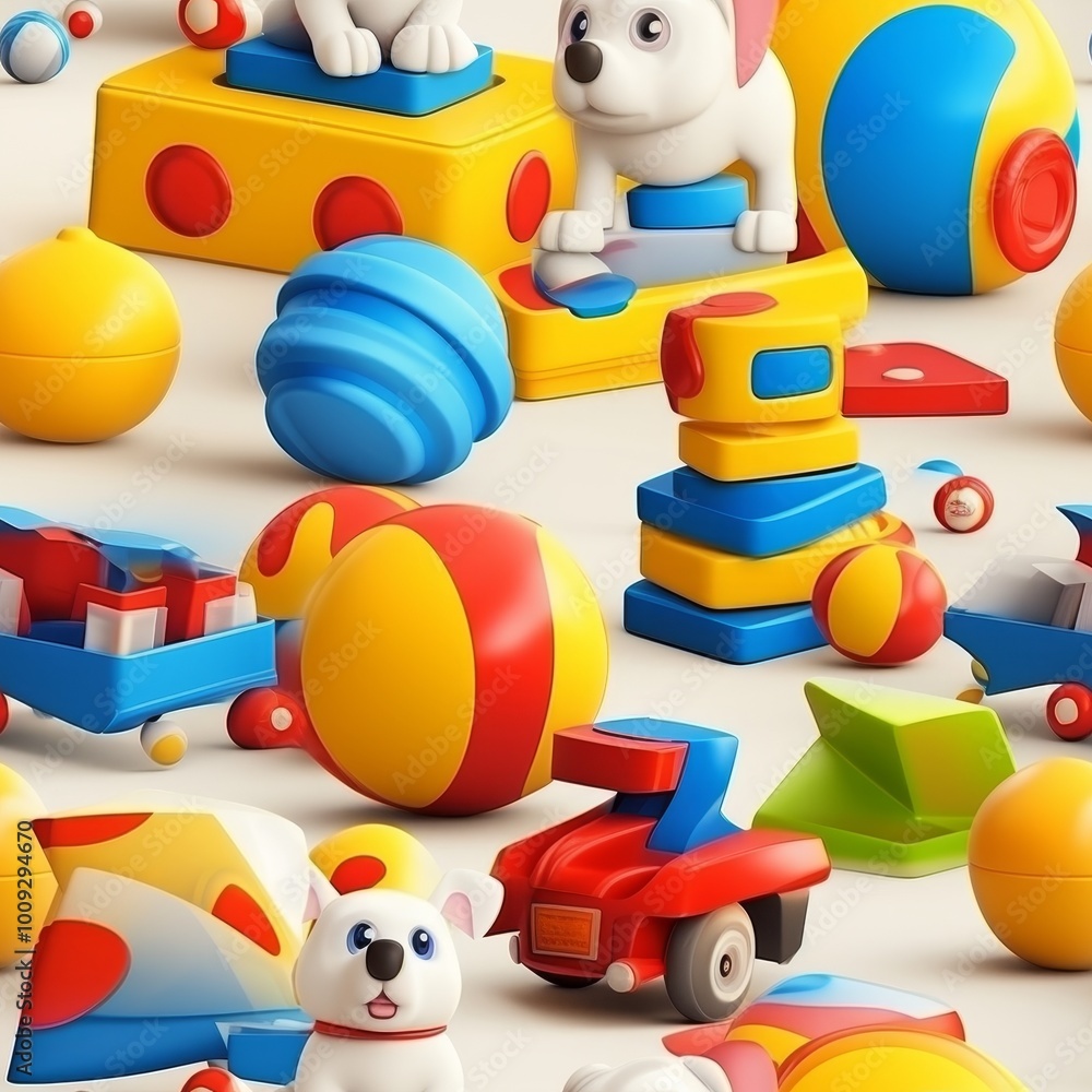 Cute seamless pattern with dog, toys and pet care accessories, 3D vector, cartoon supplies. Cute seamless pattern with dog, toys and pet care accessories, 3D vector, cartoon supplies.
