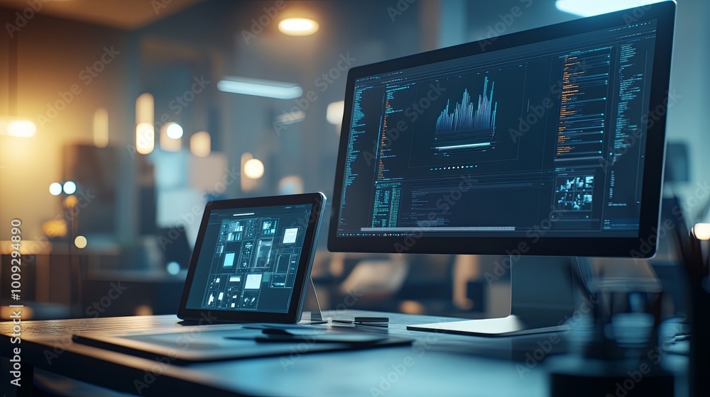A modern workspace featuring a desktop and tablet displaying data analytics and programming interfaces.