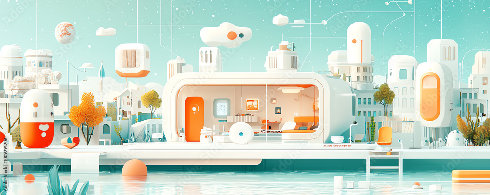 Compact futuristic house featuring minimalist architecture, surrounded by towering buildings in a futuristic city Compact futuristic house featuring minimalist architecture, surrounded by towering buildings in a futuristic city