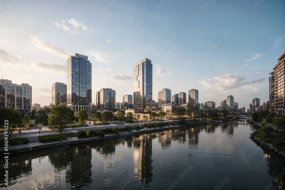 Aerial View of Modern City Skyline at Sunset with Skyscrapers, River, and Bridge Aerial View of Modern City Skyline at Sunset with Skyscrapers, River, and Bridge