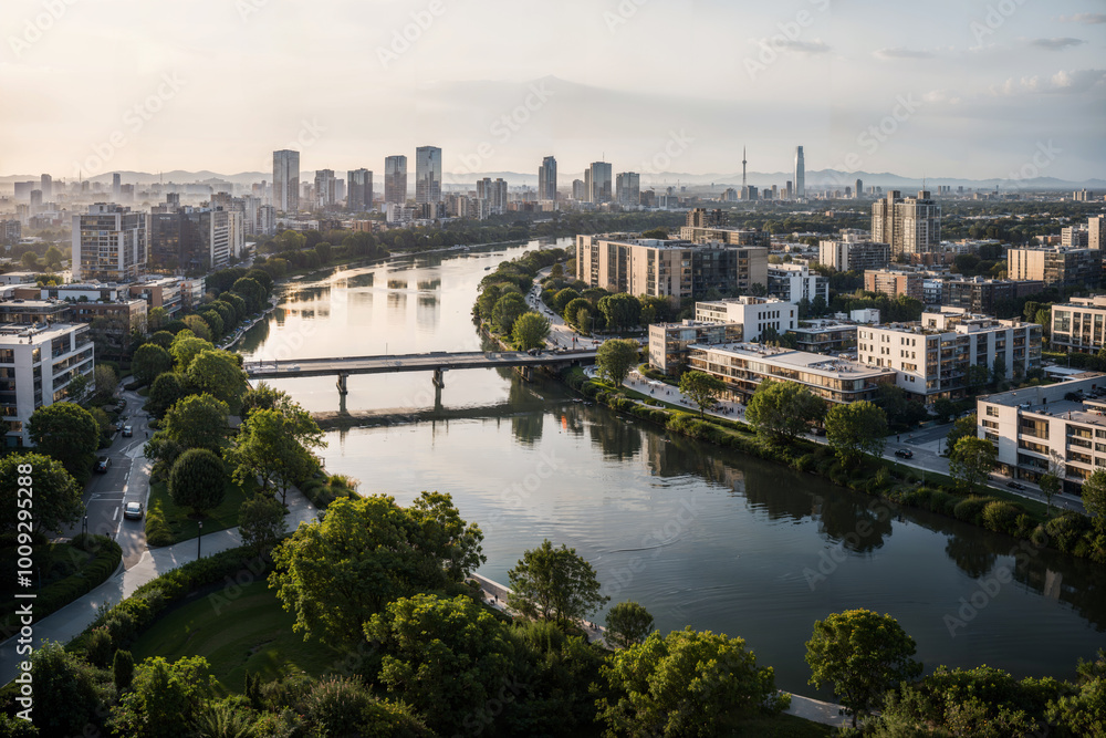 Aerial View of Modern City Skyline at Sunset with Skyscrapers, River, and Bridge Aerial View of Modern City Skyline at Sunset with Skyscrapers, River, and Bridge