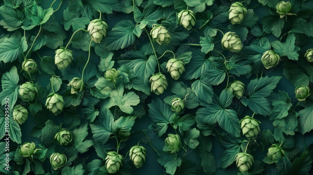Green fresh hop cones for making beer and bread. Brewery and Oktoberfest concept. Herbal natural medicine. Closeup pattern background for design banner, poster, card. Flat lay, top view Green fresh hop cones for making beer and bread. Brewery and Oktoberfest concept. Herbal natural medicine. Closeup pattern background for design banner, poster, card. Flat lay, top view