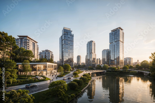 Aerial View of Modern City Skyline at Sunset with Skyscrapers, River, and Bridge