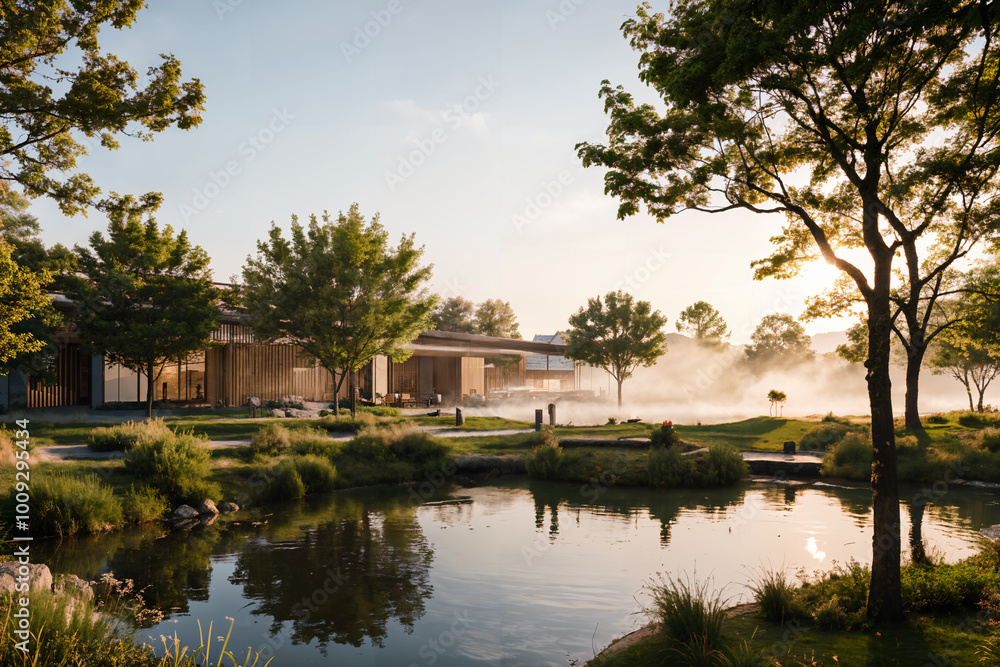 Tranquil Lakeside at Dawn with Misty Reflections and Evergreen Trees Tranquil Lakeside at Dawn with Misty Reflections and Evergreen Trees