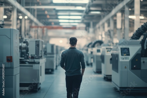 A man stands among industrial equipment, observing and possibly troubleshooting