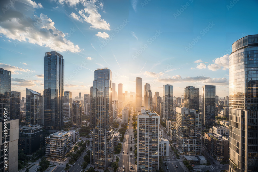 Modern Glass Skyscrapers in Futuristic City Skyline Modern Glass Skyscrapers in Futuristic City Skyline