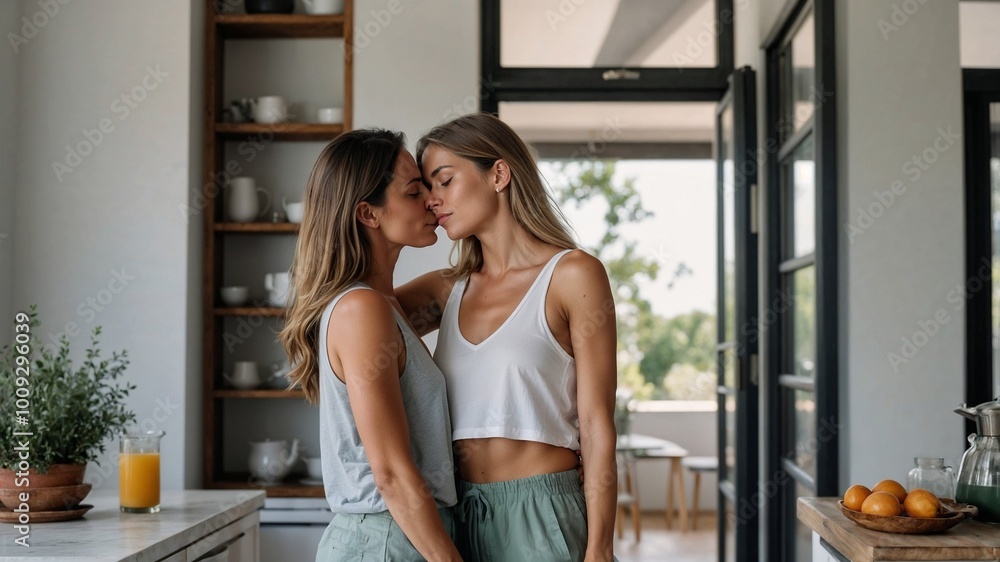 Romantic moment between two women in a modern, sunlit kitchen setting Romantic moment between two women in a modern, sunlit kitchen setting