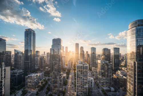 Modern Glass Skyscrapers in Futuristic City Skyline