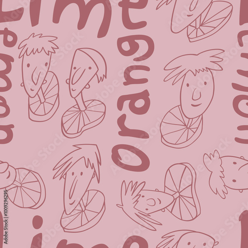 Seamless background with funny faces of anthropomorphic creatures. Humorous characters with different emotions. Lemon, lime, orange