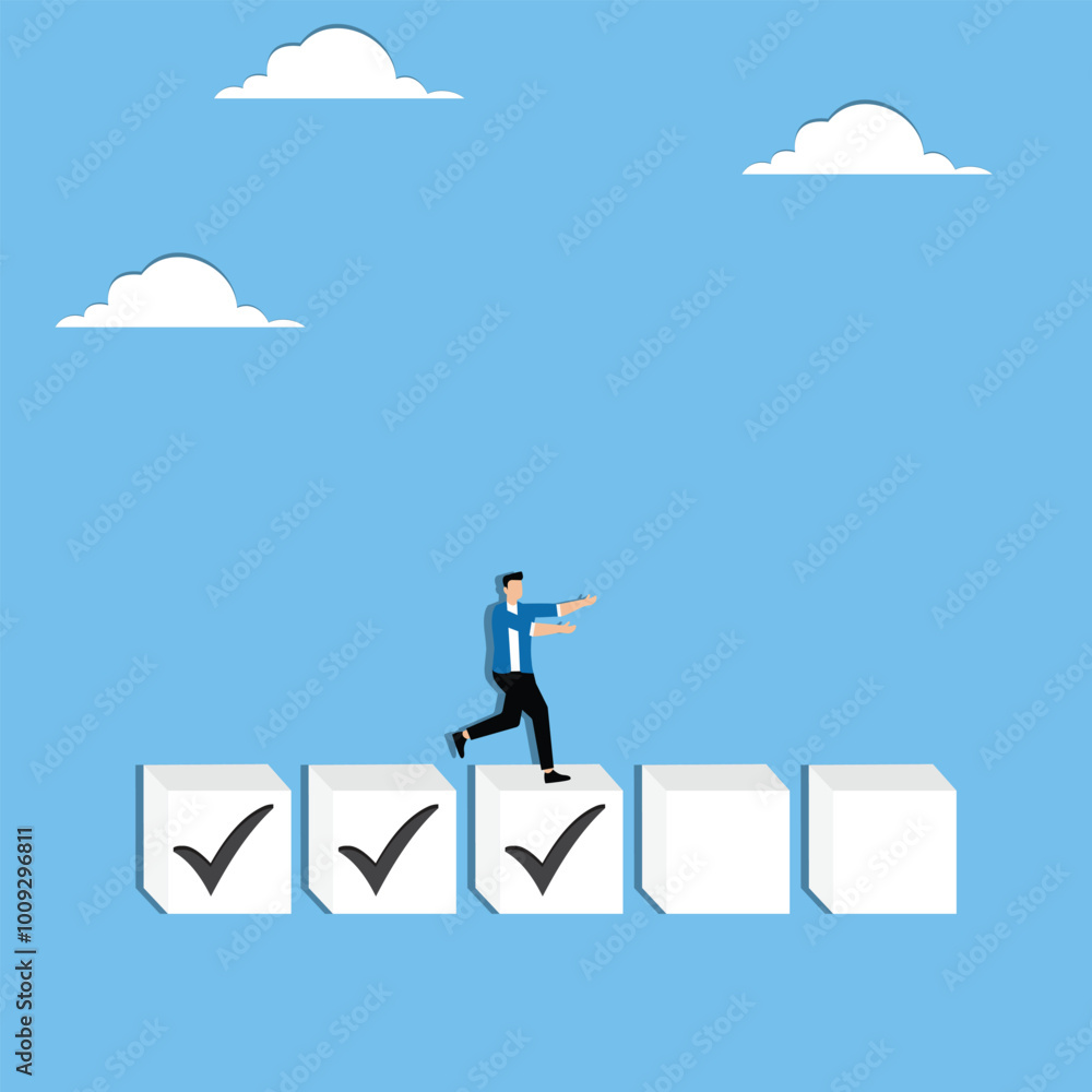 Businessman step on checklist, progressing from start to success Businessman step on checklist, progressing from start to success