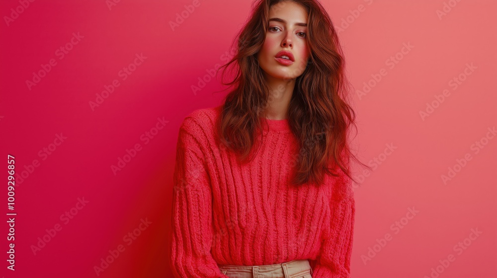 A stylish woman poses confidently in a pink sweater against a vibrant pink background, A stylish woman poses confidently in a pink sweater against a vibrant pink background,
