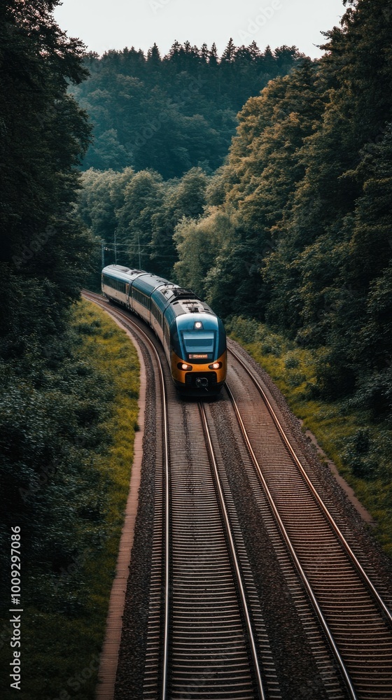Fototapeta premium A high-speed train travels along the railway, showcasing a modern passenger car against a backdrop of lush greenery, a lake, mountains, and a beautiful autumn sunrise.