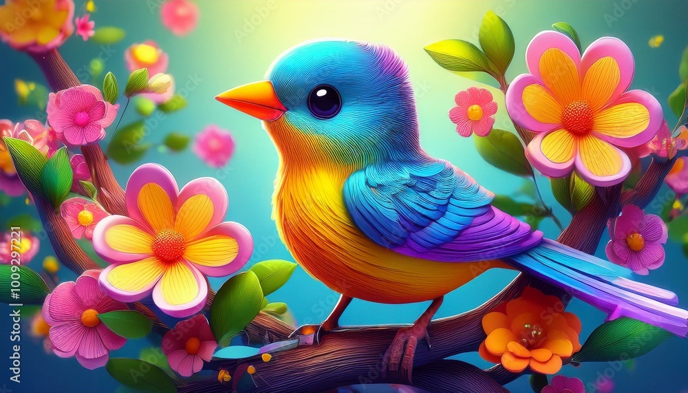 Cute Cartoon Colorful Bird Standing on a Branch with Flowers in the Spring Cute Cartoon Colorful Bird Standing on a Branch with Flowers in the Spring