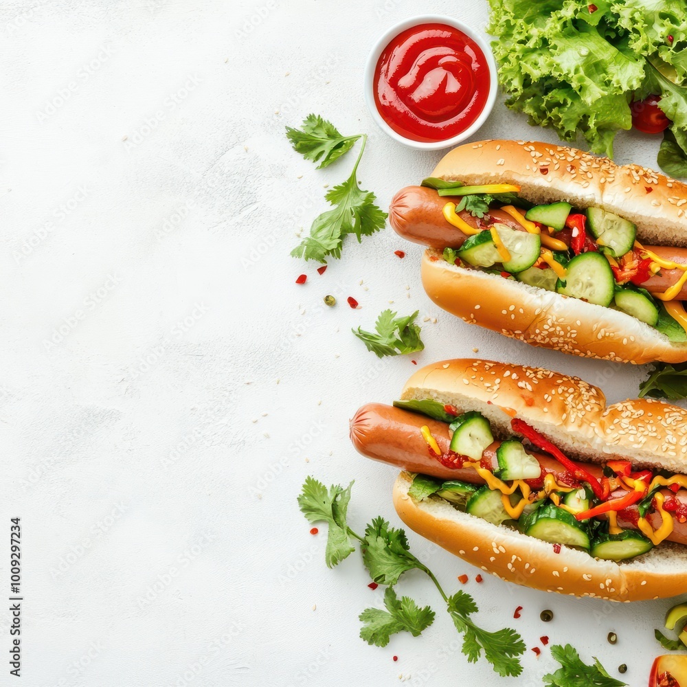 Hot dogs with vegetables and ketchup on a white background, in a flat lay banner style for a hot dog festival concept. Hot dogs with vegetables and ketchup on a white background, in a flat lay banner style for a hot dog festival concept.