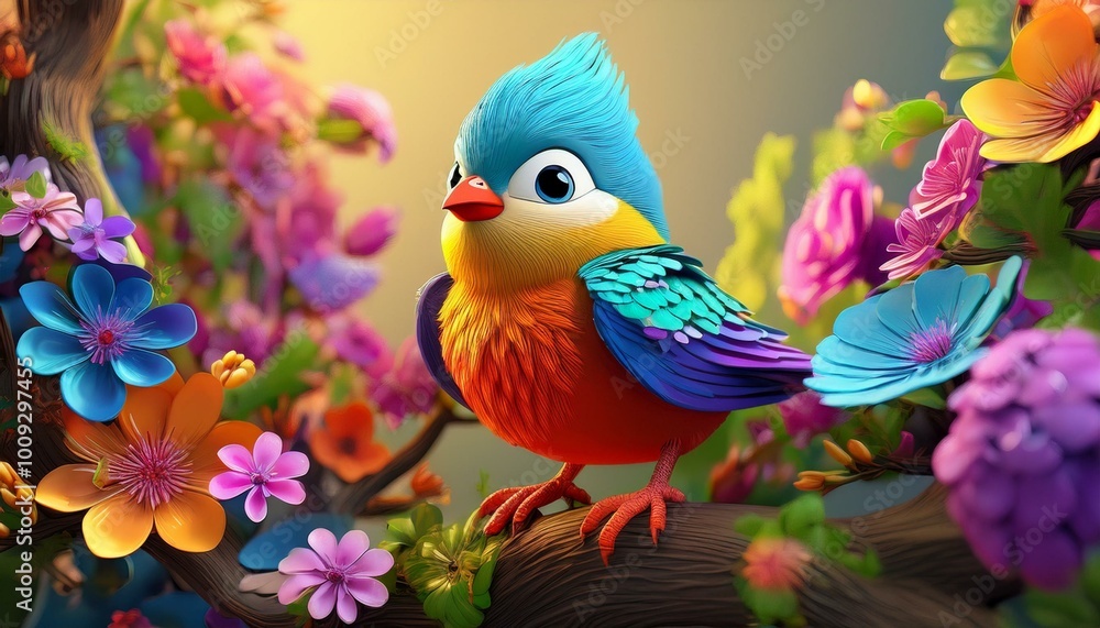 Cute Cartoon Colorful Bird Standing on a Branch with Flowers in the Spring Cute Cartoon Colorful Bird Standing on a Branch with Flowers in the Spring