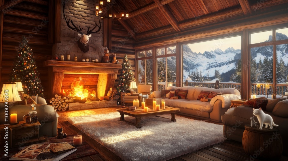 photorealistic large log cabin livingroom with a comfy feel; use a warm color palete of reds, oranges, and yellows; candles; large glowing fireplace; a fuzzy white rug infront of the fireplace; large photorealistic large log cabin livingroom with a comfy feel; use a warm color palete of reds, oranges, and yellows; candles; large glowing fireplace; a fuzzy white rug infront of the fireplace; large