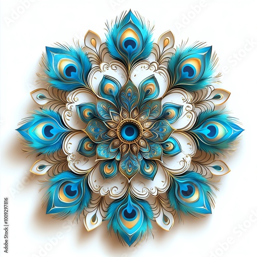 A vibrant blue and white mandala design featuring peacock feathers, radiating beauty and symmetry with intricate patterns.