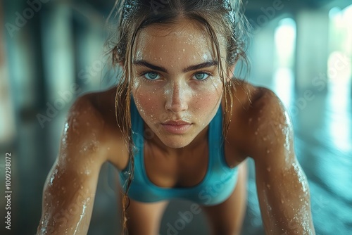 a female athlete showcases her strength and agility during highintensity interval training hiit in a wellequipped gym embodying determination and fitness in a powerful and dynamic pose photo