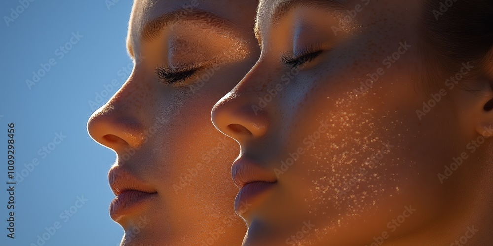 Closeup of two diverse women facing each other at the beach, highlighting contrast, beauty, and friendship under the summer sun, Generative AI Closeup of two diverse women facing each other at the beach, highlighting contrast, beauty, and friendship under the summer sun, Generative AI