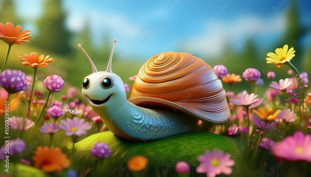 Cute Cartoon Snail in a colorful Field of Flowers Cute Cartoon Snail in a colorful Field of Flowers