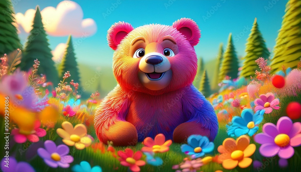 Cute Cartoon Bear in a colorful Field of Flowers Cute Cartoon Bear in a colorful Field of Flowers